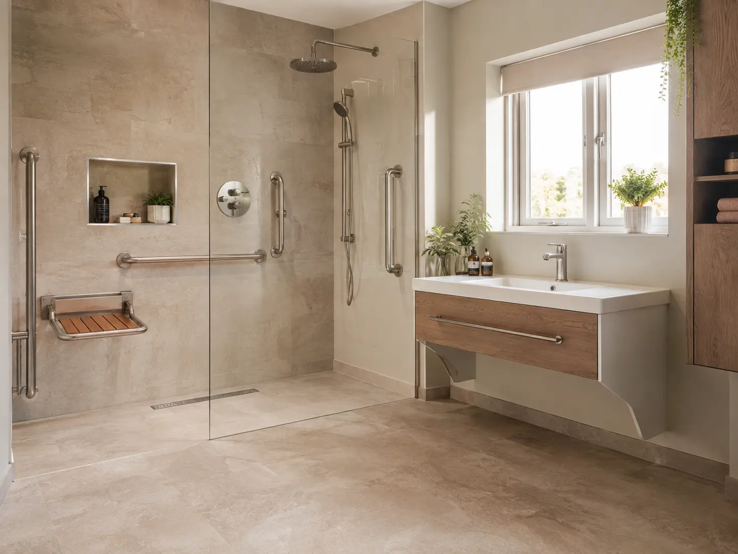 Accessible bathroom with level shower
