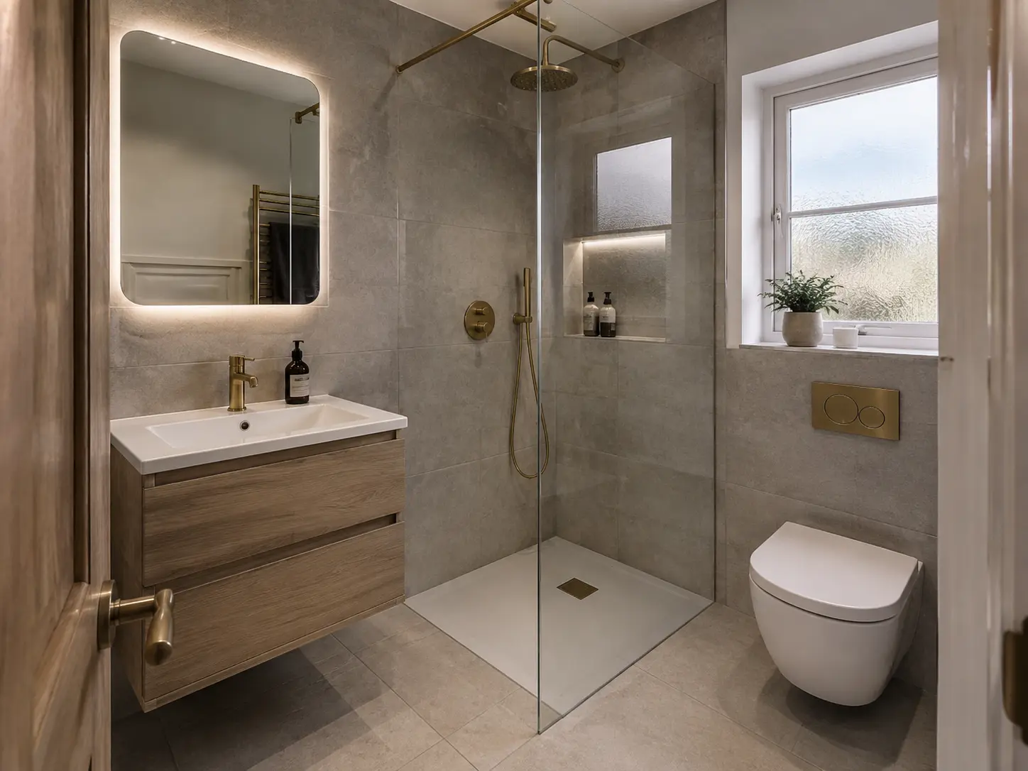 Modern bathroom with warm grey tiles