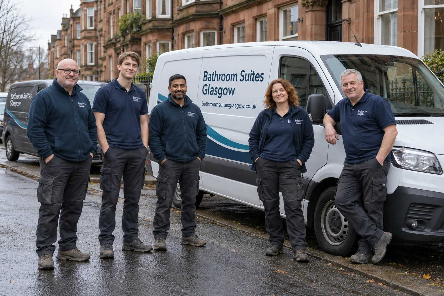Bathroom Suites Glasgow team beside branded vans
