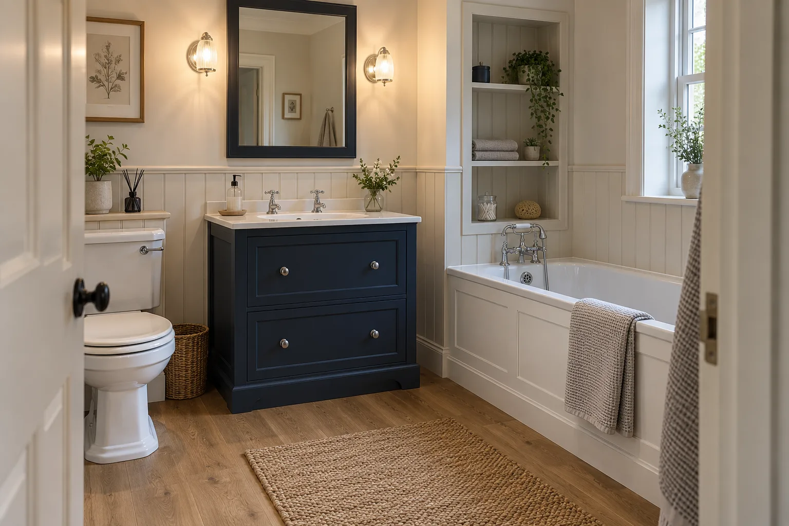 Navy shaker vanity with chrome crosshead taps and a fitted bath