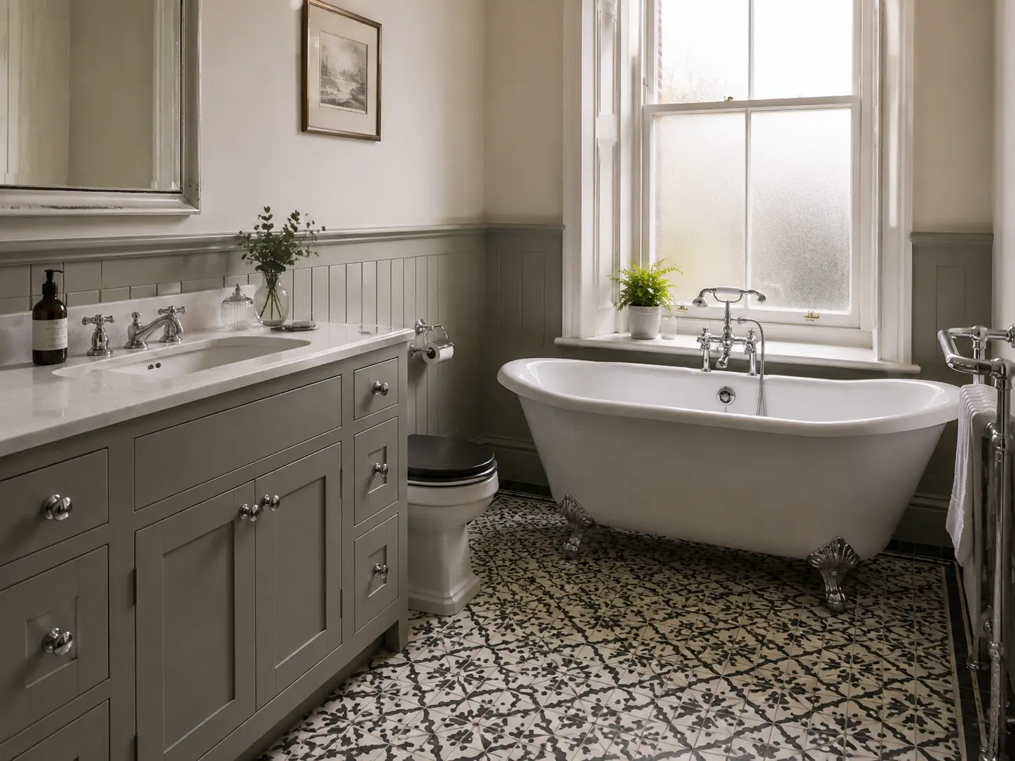 Traditional bathroom with patterned floor