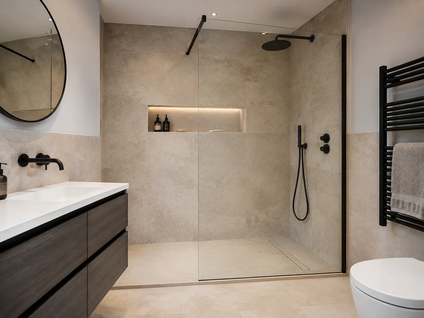 Open walk-in shower bathroom